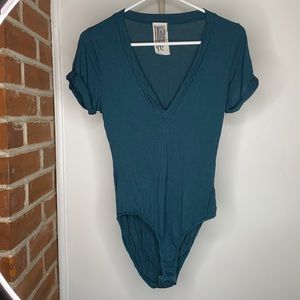 Dark teal green V-neck free people bodysuit